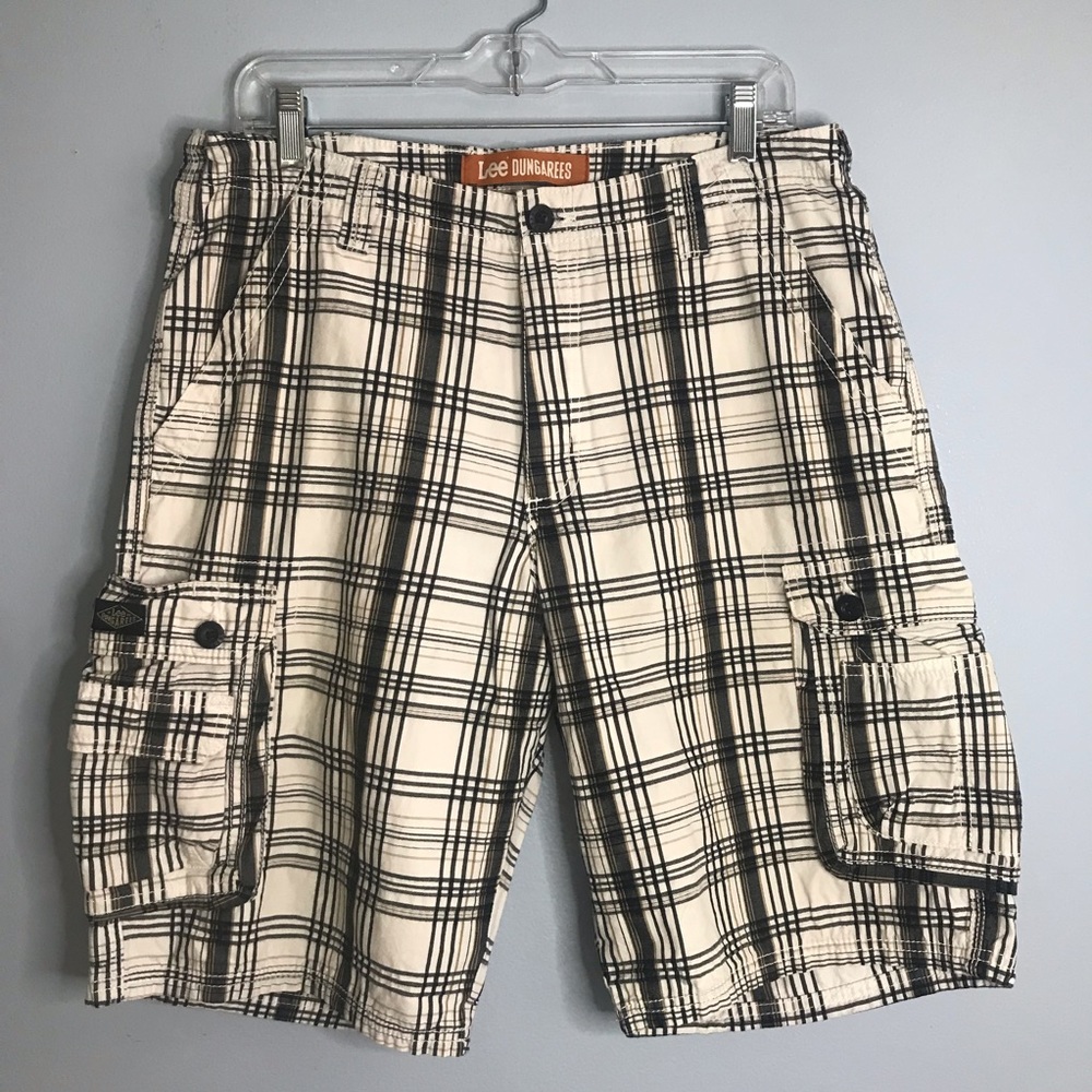 Lee Dungarees Cargo Shorts Men's 34x11 Black White Plaid Cotton 8 Pocket